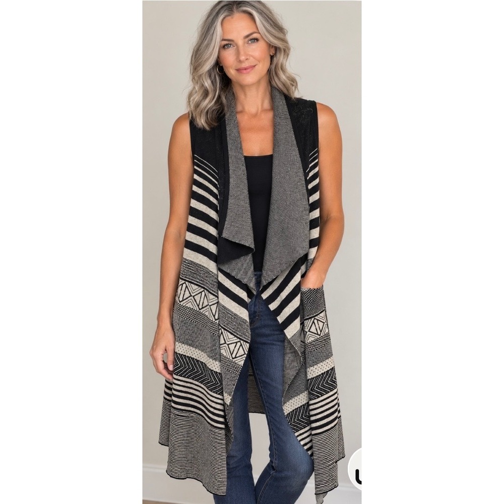 Ruby Moon Womens Large Black White Geometric Knit Open Front Draped Long Vest L